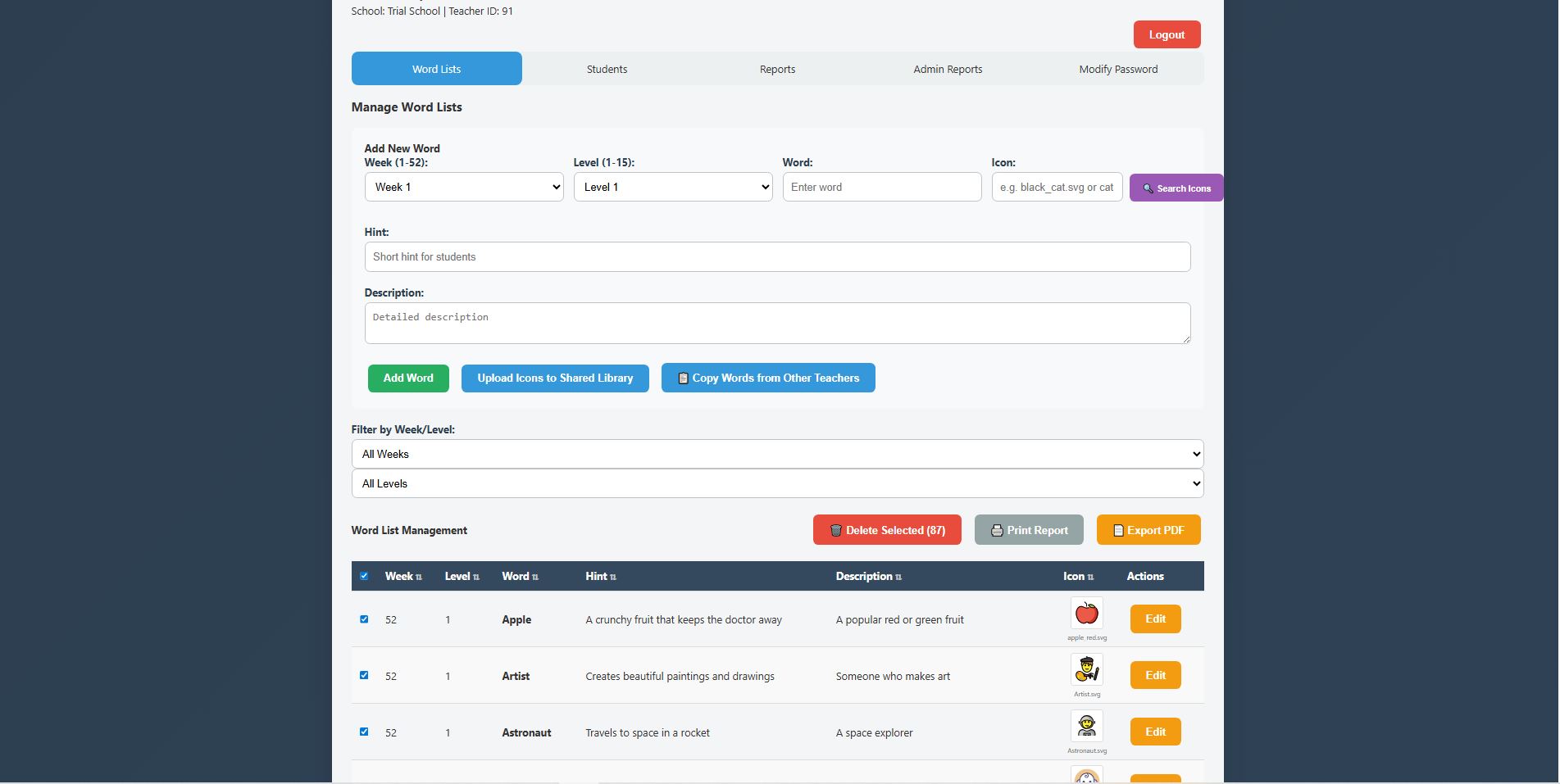 Teacher Spelling with 87 words